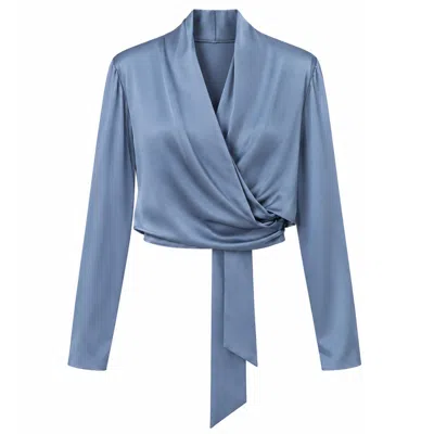 Belsize25 Women's Dusty Blue Satin Draped Wrap Blouse