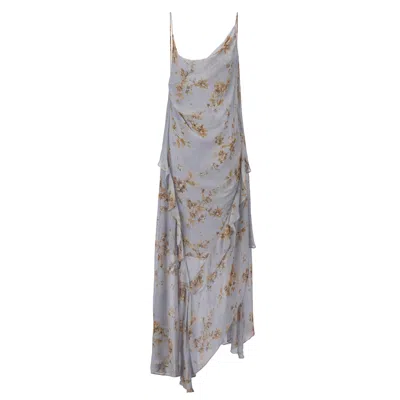 Belsize25 Women's Grey Dahlia Series – Celeste Floral Mulberry Silk Draped Asymmetric Maxi Dress In Gray