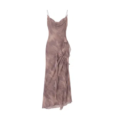 Belsize25 Women's Lumen Print Nude Pink Silk Slip Long Dress