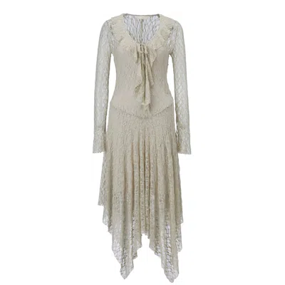 Belsize25 Women's Neutrals / White Sage Dress – Stretch Lace Asymmetric Hem Midi Dress