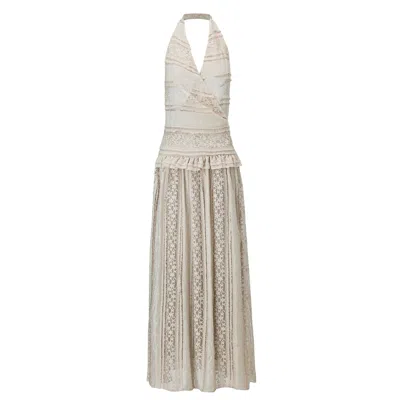 Belsize25 Women's White Sails Lace Halter Backless Maxi Dress
