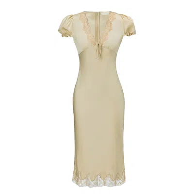 Belsize25 Women's Yellow Lemon Tart Dress – Lace-trim Bias-cut Satin Dress In Neutral