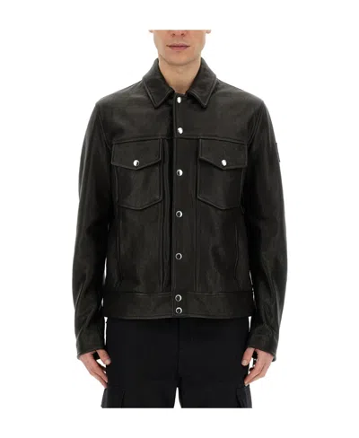 Belstaff Lapel Long-sleeved Leather Jacket In Black