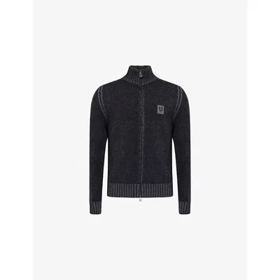BELSTAFF MENS BLACK / TORNADO GREY LOGO-PATCH RIBBED WOOL CARDIGAN