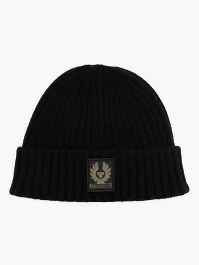 Belstaff Ribbed Wool Hat With Embroidered Phoenix Patch In Nero