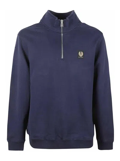 Belstaff Quarter-zip Black Cotton Pullover With High Collar In Blue