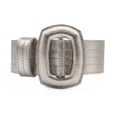 Beltbe Women's Silver Stitched Leather Oval Buckle Belt - Graphite Metallic