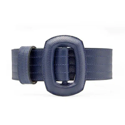 Beltbe Women's Stitched Leather Oval Buckle Belt - Navy Blue