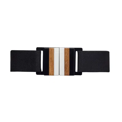 Beltbe Women's Stretch Belt With Acrylic Buckle - Black, Wood, White Stripes