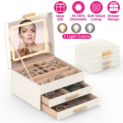 Beluxe Jewelry Box With Led Mirror 3-layer Jewelry Organizer With 2 Drawers Pu Jewelry Holder With 3 Mirror In Neutral