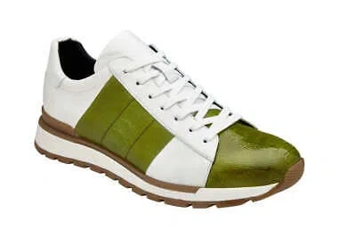 Pre-owned Belvedere Men's Blake Lime/white Genuine Ostrich And Soft Italian Calf Shoes