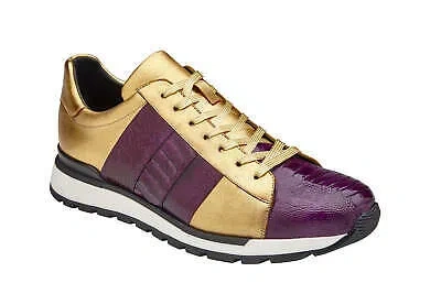 Pre-owned Belvedere Men's Blake Purple/gold Genuine Ostrich And Soft Italian Calf Shoes