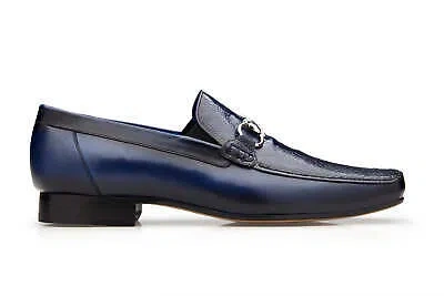 Pre-owned Belvedere Men's Bruno 1026 Genuine Ostrich & Italian Calfskin Navy Loafer