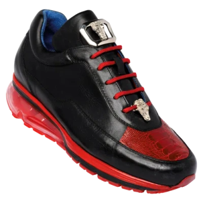 Pre-owned Belvedere Men's Flash Black/red Genuine Ostrich And Soft Italian Calf Shoes In Red/black