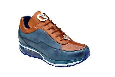Pre-owned Belvedere Men's Flash Blue Genuine Ostrich And Soft Italian Calf Shoes In Blue Safari