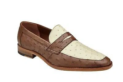 Pre-owned Belvedere Men's Ostrich Quill Espada Tabacco/bone Pull-on Penny Dress Loafers