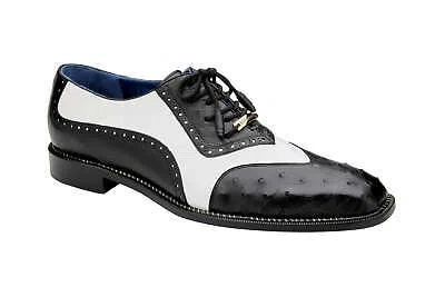 Pre-owned Belvedere Men's Sesto Black/white Genuine Ostrich Quill Italian Leather Shoes