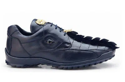 Pre-owned Belvedere Men's Vasco 336122 Night Blue Genuine Crocodile&shark Skin Dress Shoes