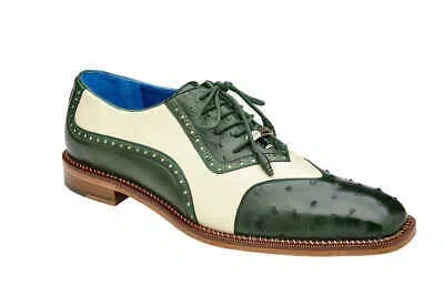 Pre-owned Belvedere Ostrich Quill Italian Leather Wingtip Shoes Sesto Forest/cream