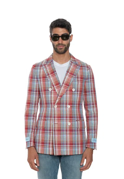 Pre-owned Belvest 1900$  Sartorial Double Breasted Jacket Check Linen Cotton Super Slim Fit In Blue - Red - White