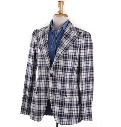 Pre-owned Belvest $2195  White-navy Plaid Wool-cotton Sport Coat Slim 40 R Peak Lapels In Blue