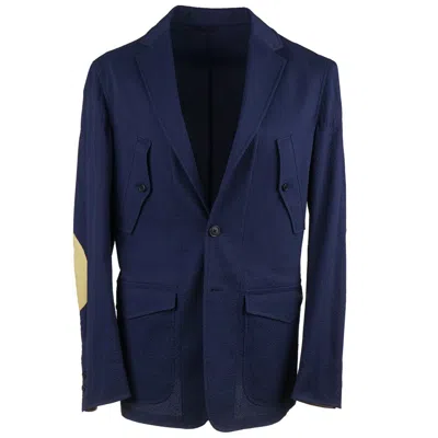 Pre-owned Belvest Lightweight Patterned Navy Blazer With Leather Details 40 R (eu 50) In Blue