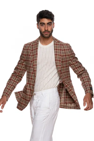 Pre-owned Belvest Made In Italy Jacket Silk Linen Checks Brown & Burgundy 42 Us / 52 Eu 9r In Red