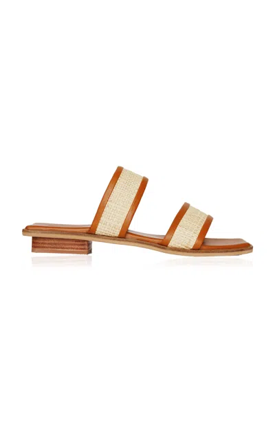 Bembien Bria Leather-trimmed Woven Rattan Slides In Tan