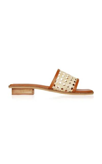 Bembien Pia Leather-trimmed Rattan Slides In Tan