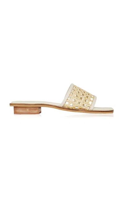 Bembien Pia Leather-trimmed Rattan Slides In White