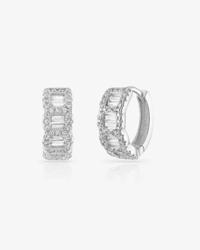 Ben Oni Pave And Baguette Cubic Zirconia Huggie Hoop Earrings In Silver Plated