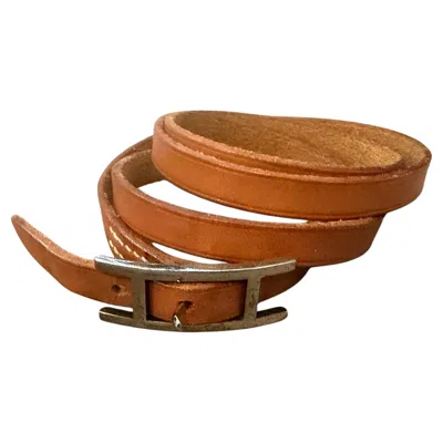 Pre-owned Ben Sherman 1991 Triple Wrap Brown Leather Silver Tone Bracelet By Hermes