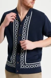 Ben Sherman Border Resort Knit Camp Shirt In Dark Navy