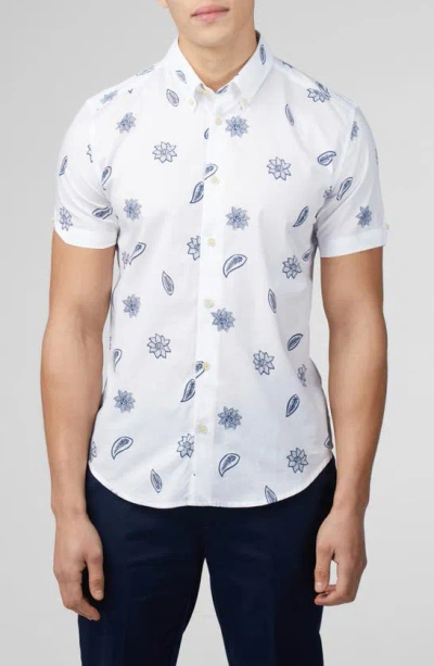 Ben Sherman Floral Short Sleeve Button-down Shirt In Snow White