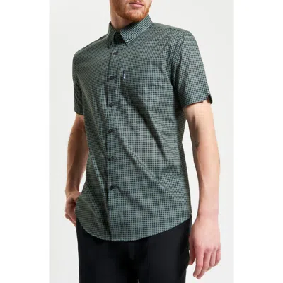 Ben Sherman Geo Print Short Sleeve Organic Cotton Button-down Shirt In Pale Khaki/blue