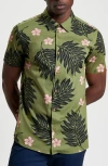 Ben Sherman Leaf Print Short Sleeve Cotton Button-up Shirt In Olive