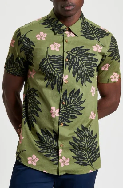 Ben Sherman Leaf Print Short Sleeve Cotton Button-up Shirt In Olive