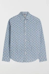 Ben Sherman Linear Print Button Down Shirt Top In Airforce Blue, Men's At Urban Outfitters In Airforce Blue