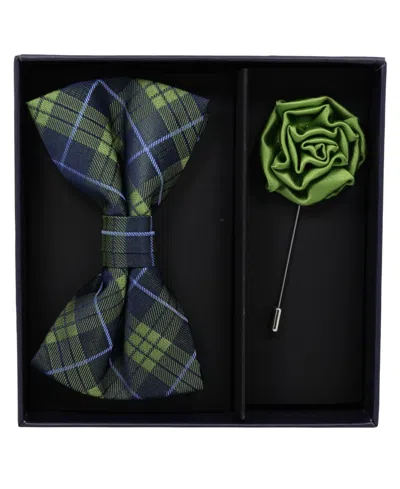 Ben Sherman Men's Pre-tied Plaid Bow Tie And Lapel Pin, 2-piece Set In Green Navy