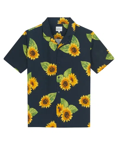 Ben Sherman Men's Sunflower Print Short Sleeve Shirt In Midnight