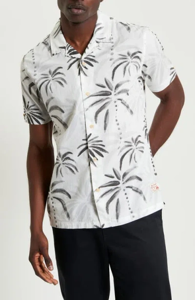 Ben Sherman Palm Print Short Sleeve Cotton Button-up Shirt In Snow White