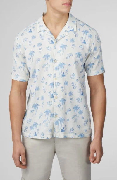Ben Sherman Resort Tropical Print Linen & Cotton Camp Shirt In Ivory Blue