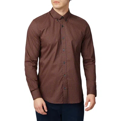 Ben Sherman Split Spot Print Organic Cotton Button-down Shirt In Brown