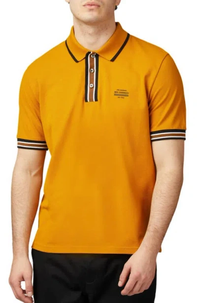 Ben Sherman Stripe Rib Organic Cotton Piqué Polo In Gold