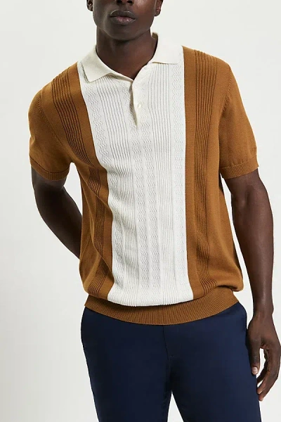Ben Sherman Textured Block Stripe Polo Shirt Top In Caramel, Men's At Urban Outfitters