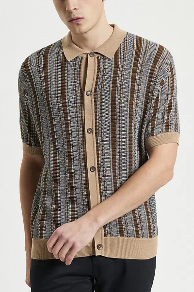 BEN SHERMAN TEXTURED STRIPE KNIT SHIRT TOP IN DARK NAVY, MEN'S AT URBAN OUTFITTERS