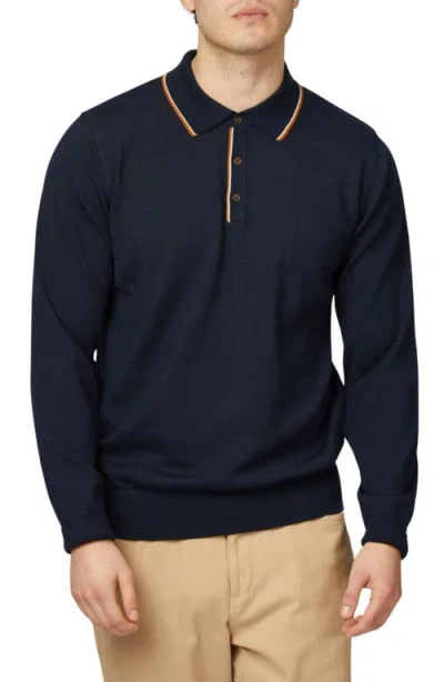 Ben Sherman Tipped Long Sleeve Polo Sweater In Dark Navy