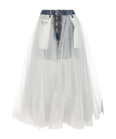 Ben Taverniti Unravel Project Flip Denim Spliced Tulle Dress In White