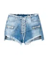 Ben Taverniti Unravel Project Washed Denim Laced Front Cut Off Shorts In Blue