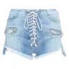 Ben Taverniti Unravel Project Washed Denim Laced Front Cut Off Shorts In Blue